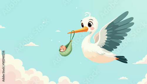 Happy birthday greeting card illustration featuring a stork carrying a baby in a pastel green bag against a light blue sky with clouds.