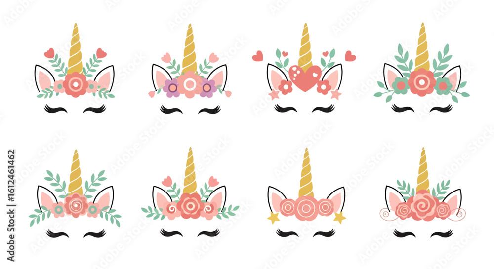 Obraz premium Eight adorable unicorn face illustrations with floral crowns, perfect for birthday greetings, cards, and party invitations, featuring pastel flowers and gold horns, ideal for adding a touch of magic