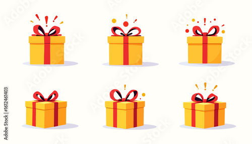 A collection of six vibrantly illustrated gift boxes, each adorned with a red ribbon and bow, radiating celebratory energy, perfect for conveying birthday wishes and festive greetings on a white