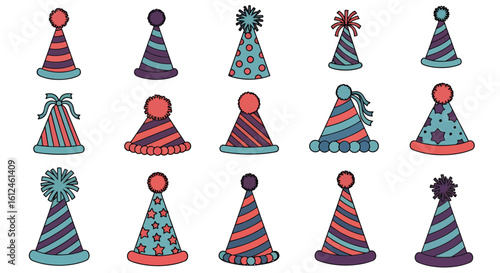 A collection of colorful, hand-drawn party hats adorned with confetti and pom-poms, perfect for birthday celebrations and festive greetings.