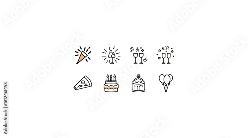 A collection of hand-drawn doodle icons representing birthday celebrations, including cupcakes, confetti, party poppers, and festive greetings.