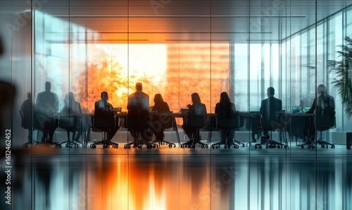 Wallpaper Mural Group of business people sitting around a long conference table in a modern glass-walled meeting room with a bright orange sunset outside, creating a professional and reflective atmosphere Torontodigital.ca