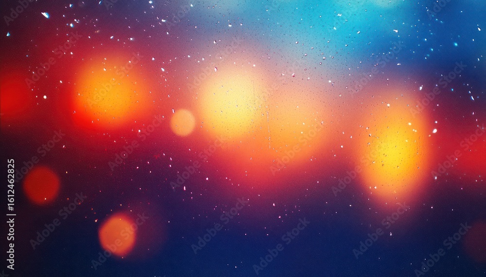 Fototapeta premium Raindrops scattered on a windowpane with blurred warm and cool bokeh lights in the background creating a tranquil and dreamy atmosphere