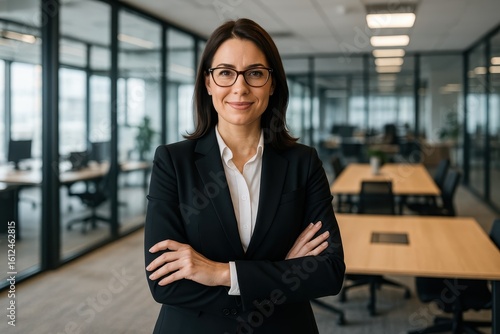 Confident professional businesswoman with genuine smile standing in contemporary corporate office environment Free Download Confident professional businesswoman with genuine smile standing in contemporary corporate office environment - GFXLoad