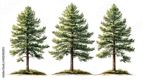 Three green pine trees standing on small patches of ground with grass against a white background