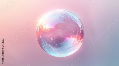 Close-up of a delicate translucent soap bubble glowing with soft pastel reflections against a blurred serene background