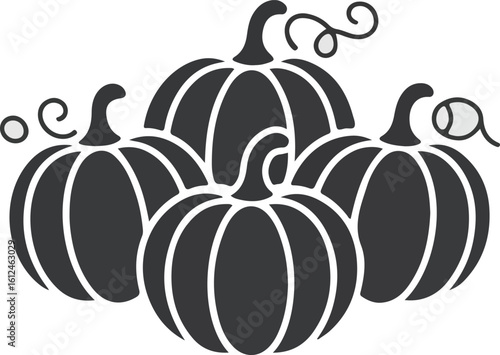 WebA group of five pumpkins arranged together in a dark silhouette against a white background for autumn and halloween decorations silhouette