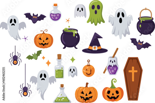 WebA collection of charming halloween icons including pumpkins ghosts bats witches hats potions and other spooky elements in a delightful silhouette