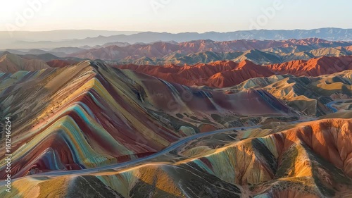 Aerial View Of Colorful Danxia Landform Mountains In Zhangye China During Golden Hour
