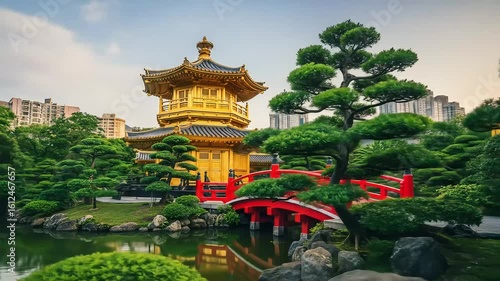Golden Temple Pagoda with Red Bridge and Green Trees in a Tranquil Park Landscape Setting in Hong Kong