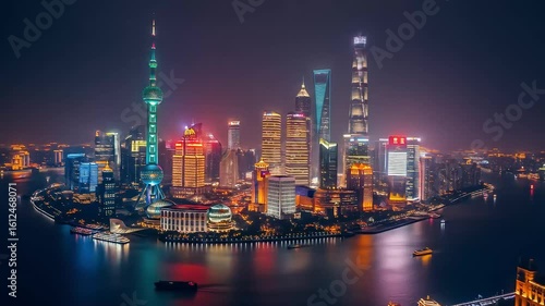 Wallpaper Mural Illuminated City Skyline at Night Reflecting on Water in Shanghai China Featuring Modern Buildings and Architectural Lights Torontodigital.ca