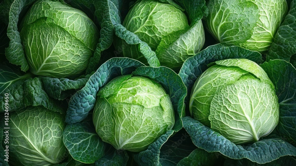 Fototapeta premium Close-up view of fresh green cabbages with textured leaves and natural patterns, showcasing healthy and vibrant vegetables