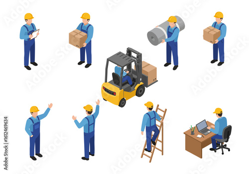Isometric illustration showing a worker in various poses: carrying boxes, operating a forklift, climbing a ladder, and working at a desk.