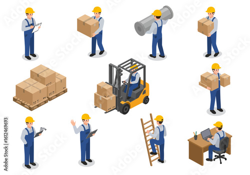 Isometric illustration showcasing a diverse set of warehouse workers engaged in various tasks like lifting boxes, operating a forklift, and climbing a ladder.