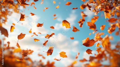 Fototapeta Naklejka Na Ścianę i Meble -  Golden autumn leaves gently falling against a bright blue sky with soft white clouds evoking a peaceful and serene seasonal transition