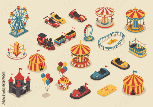 Isometric illustration featuring various carnival rides and attractions, including a Ferris wheel, carousels, bumper cars, a train, a castle, and circus tents.