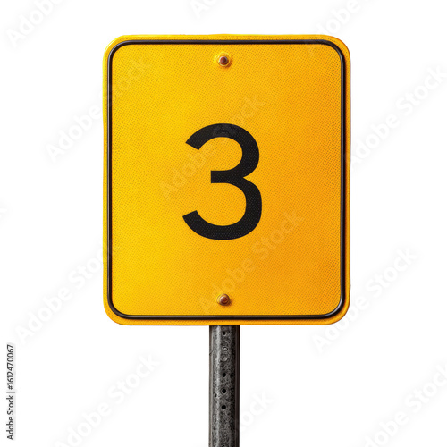 Yellow traffic sign displaying the number three
