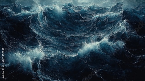 Dark turbulent ocean waves with foamy white crests under moody lighting conveying powerful and restless emotion