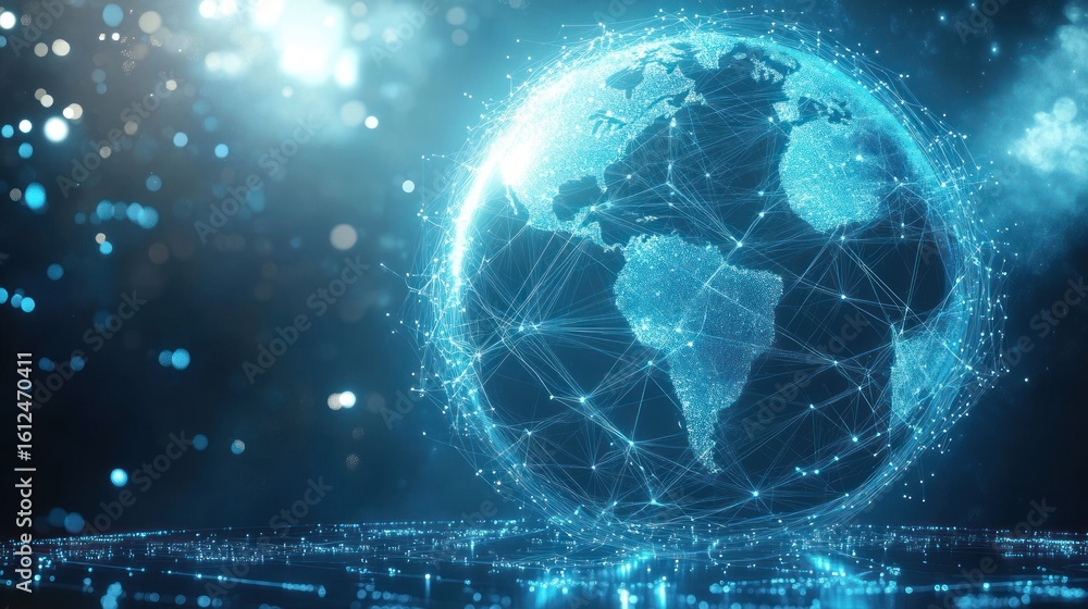 Obraz premium Digital glowing globe with visible continents connected by intricate network lines symbolizing global communication and data exchange in a futuristic technology environment
