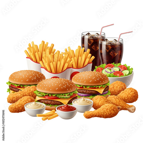 Delicious cheeseburgers french fries chicken nuggets and cola drinks isolated on transparent background
