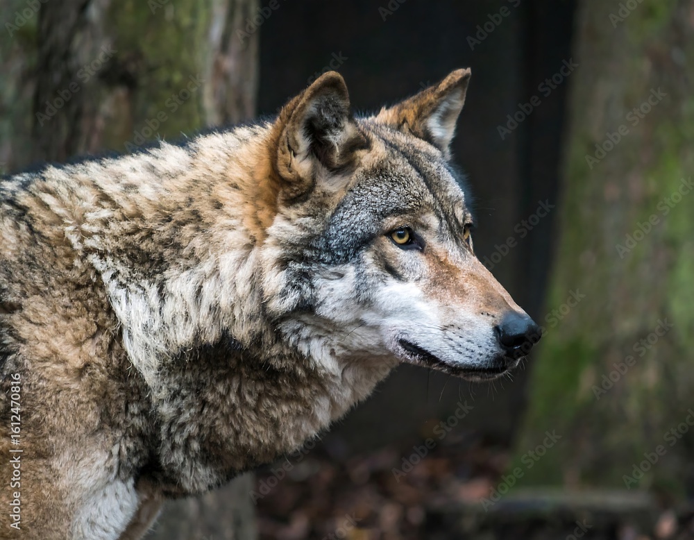 Fototapeta premium Close-up profile of a wolf in a forest