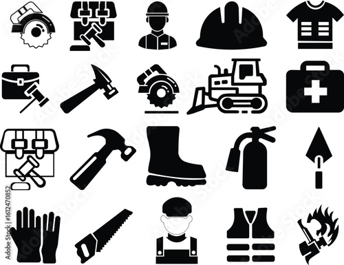 Mining, construction line icon set. industrial, safety equipment icons collection.Labour icons set in black filled and stroke line style.Mining, construction line icon set..Contains such icons