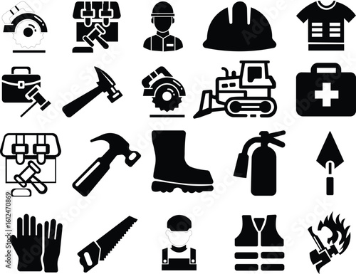 Mining, construction line icon set. industrial, safety equipment icons collection.Labour icons set in black filled and stroke line style.Mining, construction line icon set..Contains such icons