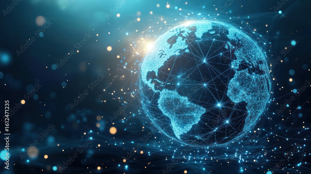 Obraz premium Digital representation of Earth showcasing illuminated continents connected by a glowing network of lines and nodes, symbolizing global communication and data exchange