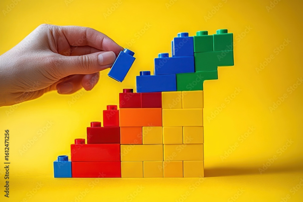 Fototapeta premium Hand placing a blue building block on a colorful ascending staircase made of interlocking toy bricks against a bright yellow background