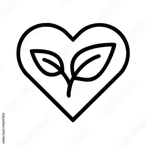 Eco friendly design featuring a black silhouette of a heart shape with a leaf symbol indicating nature