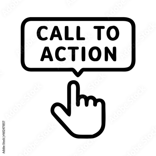 Minimalist black silhouette of a finger pressing a call to action button on white background for interaction.