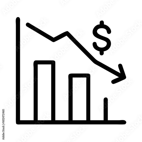 Black silhouette depicting financial decline with downward arrow symbolizing economic losses and falling dollar sign