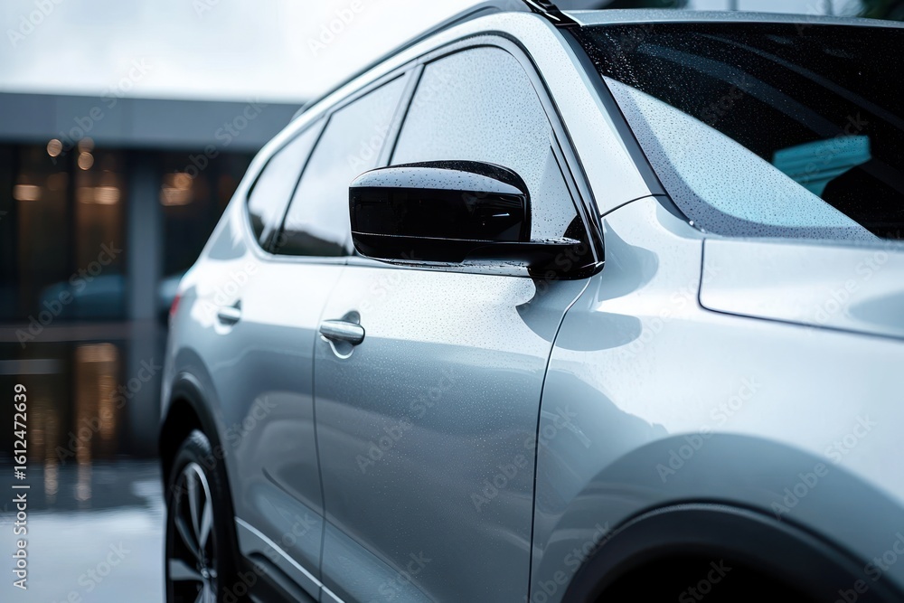 Fototapeta premium Close-up of a wet silver modern SUV car side with visible door, window, black side mirror, and blurred building background under soft daylight