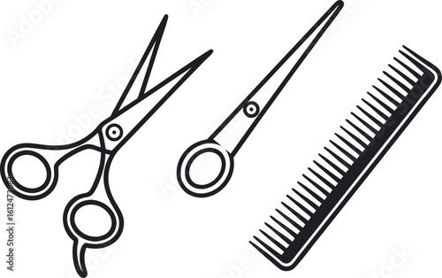 Black outline of two scissors and a comb on white hairdressing