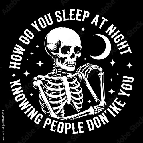 A skeleton sits with arms crossed, framed by text, a crescent moon, and stars against a dark background.