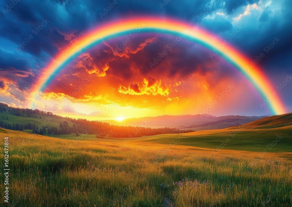 Vibrant sunset over rolling grassy hills with a bright full rainbow arching across a dramatic cloudy sky Vibrant sunset over rolling grassy hills with a bright full rainbow arching across a dramatic cloudy sky