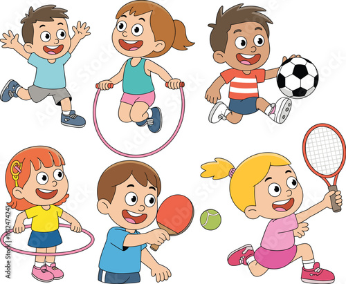 PrintChildren enjoying multiple sports activities, cartoon style illustration, playing soccer, tennis, ping pong, hula hoop, energetic kids, outdoor fun, exercise
