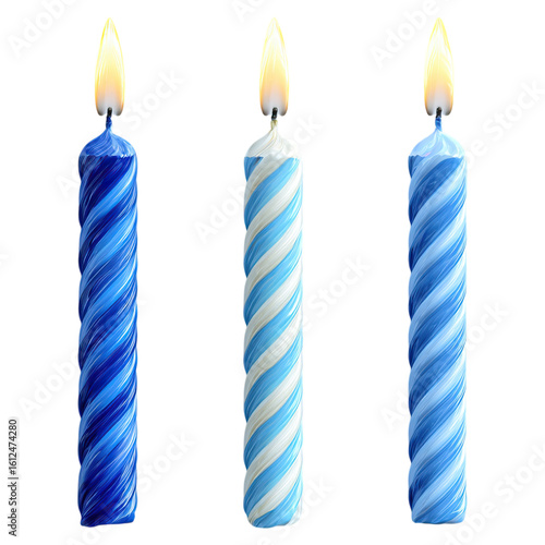 Colorful striped birthday candles lit in row concept. A festive display of three blue birthday candles with flames.