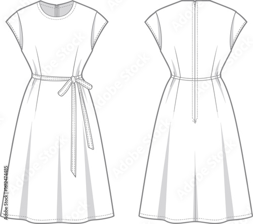 PrintFront and back view of elegant summer dress illustration, women’s fashion design, sewing pattern mockup, stylish outfit sketch, clothing template
