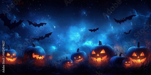 Glowing carved pumpkins with spooky faces in a dark field at night with flying bats under a starry blue sky evoking a mysterious Halloween atmosphere