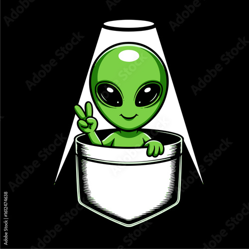 Schilderij op canvas Cartoon alien in a pocket, making a peace sign, illuminated by a spotlight
