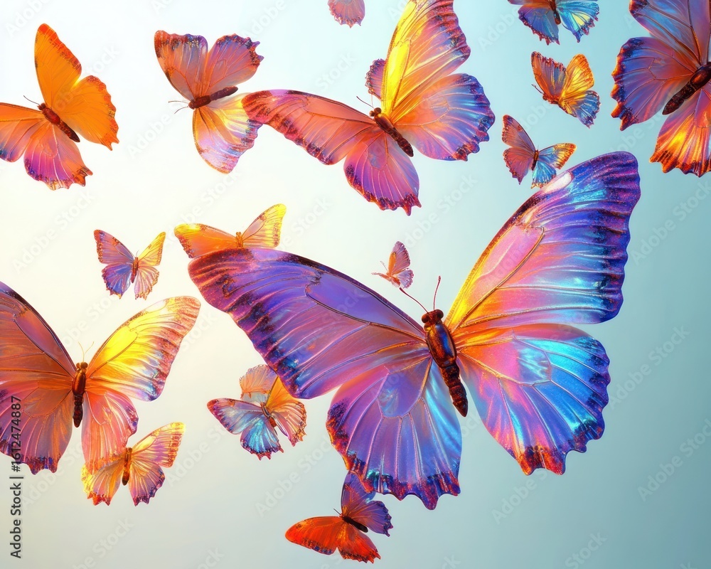 Fototapeta premium A vibrant swarm of large colorful butterflies with translucent wings shimmer in iridescent hues of orange, pink, purple, and blue against a soft gradient sky background