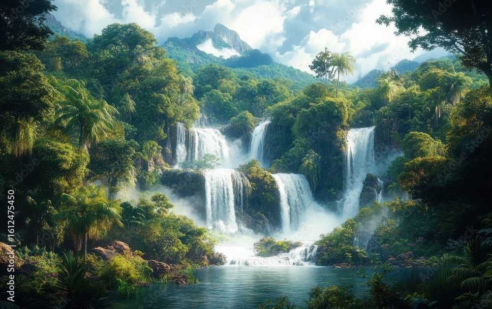 Naklejka premium Lush tropical rainforest with multiple cascading waterfalls flowing into a serene river under a partly cloudy sky and misty atmosphere