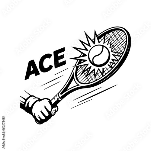 A tennis racket and ball in motion, with the word "ACE" above, depicting a powerful serve.
