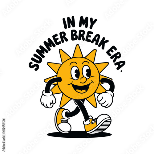 A cheerful cartoon sun strolls, embodying the carefree spirit of summer break.