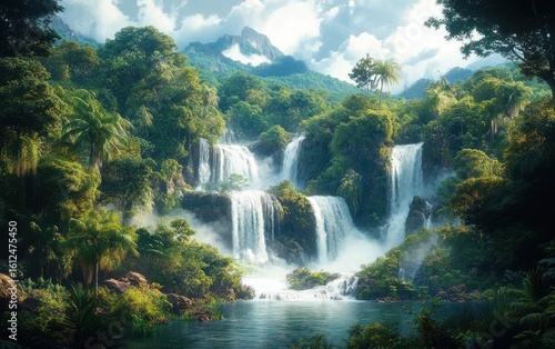 Lush tropical rainforest with multiple cascading waterfalls flowing into a serene river under a partly cloudy sky and misty atmosphere