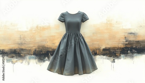 Simple gray dress with short sleeves and full skirt displayed against abstract textured wall with neutral warm tones