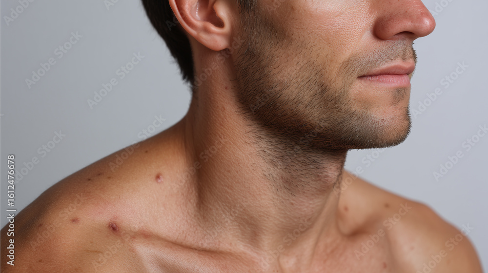 Obraz premium Man shoulder rash with flaking skin and acne spots on light skin, close up side view showing skin irritation and texture in soft low light environment