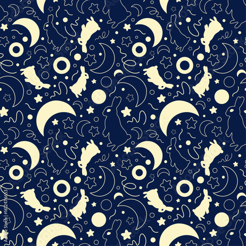 Rabbit, Moon and star illustration pattern. Cute and calm moon, star at midnight on a dark blue background. goodnight and good dream pattern backdrop vector.  Print on textile. Wrapping paper
