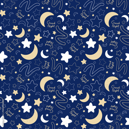 Moon and star illustration pattern. Cute and calm moon, star at midnight on a dark blue background. goodnight bedtime and good dream pattern backdrop vector.  Print on textile. Wrapping paper